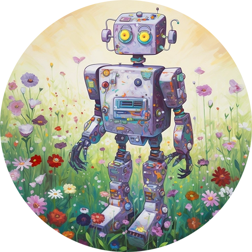 Cartoon image of a robot in a field.