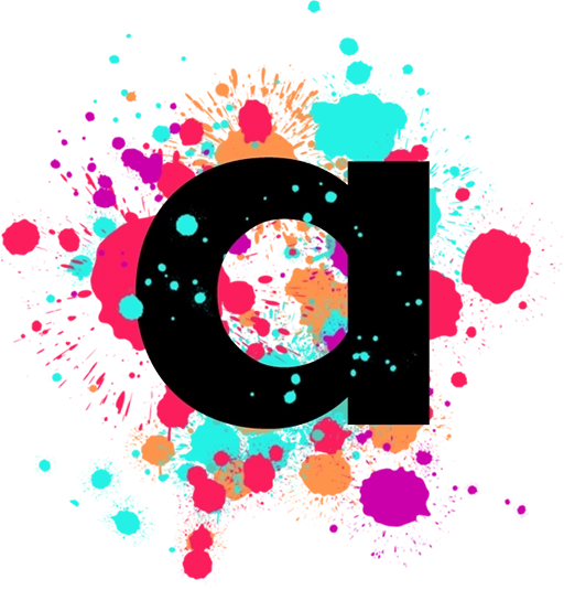 Icon of a black letter A on top of coloured paint splatters.