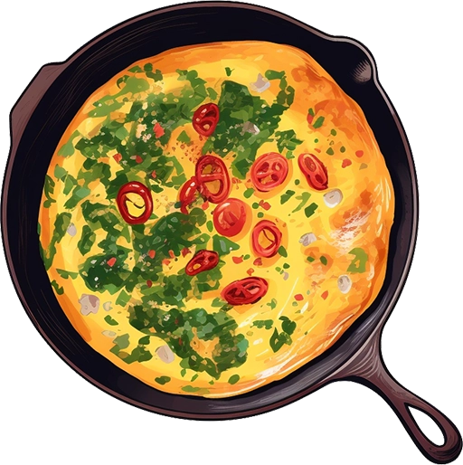 Icon of an omelette in a black frying pan.