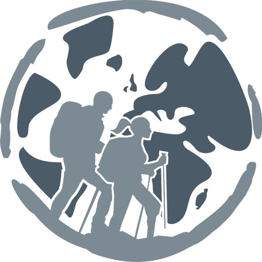 Blue icon of two people walking on a globe.