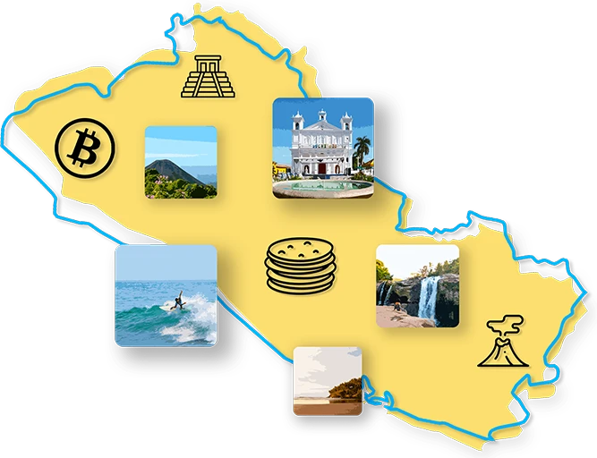 A yellow map of El Salvador with small icons overlayed on top.
